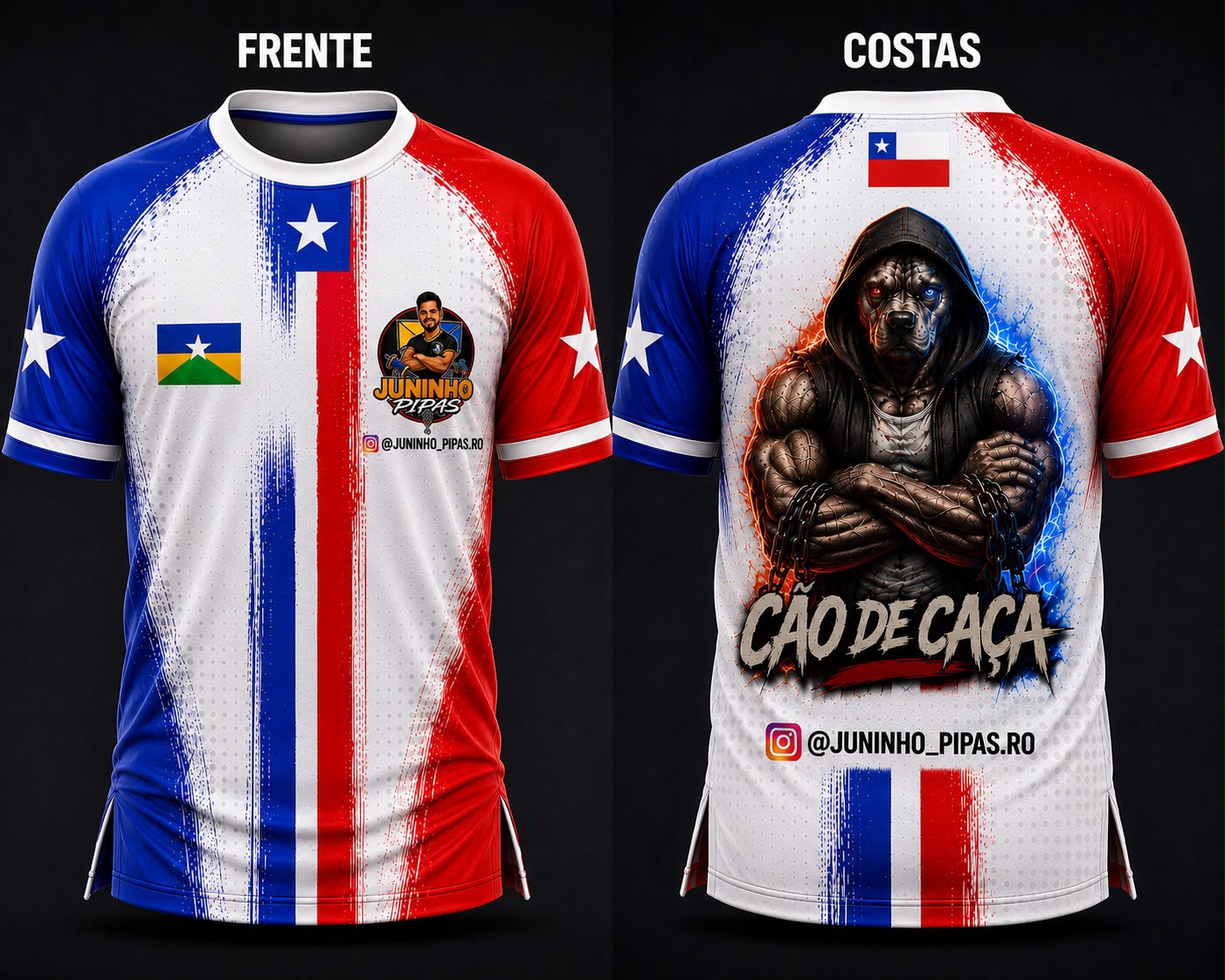 Camiseta Juninho Pipas, frente e costas nas cores azul, branco e vermelho, com a arte Cão de Caça.